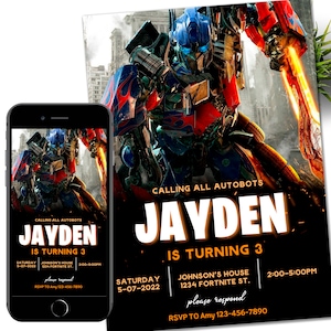 Könnte beinhalten: Eine Geburtstagseinladung mit einem Robotercharakter aus dem Transformers-Film. Die Einladung ist für einen Jungen namens Jayden, der 3 Jahre alt wird. Der Text auf der Einladung lautet: "Calling all Autobots, Jayden wird 3. Samstag, 5-07-2022, Johnson's House, 1234 Fortnite St., 14:00-17:00 Uhr, bitte antworten, RSVP an Amy 123-456-7890."
