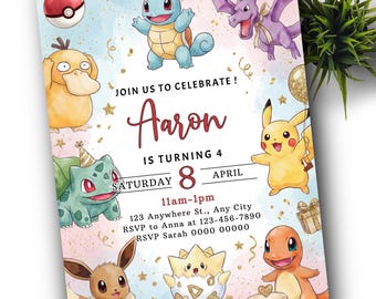 Invitation d'anniversaire Pokemon, invitation d'anniversaire imprimable, invitation Pikachu, invitation modifiable, invitation d'anniversaire pokemon