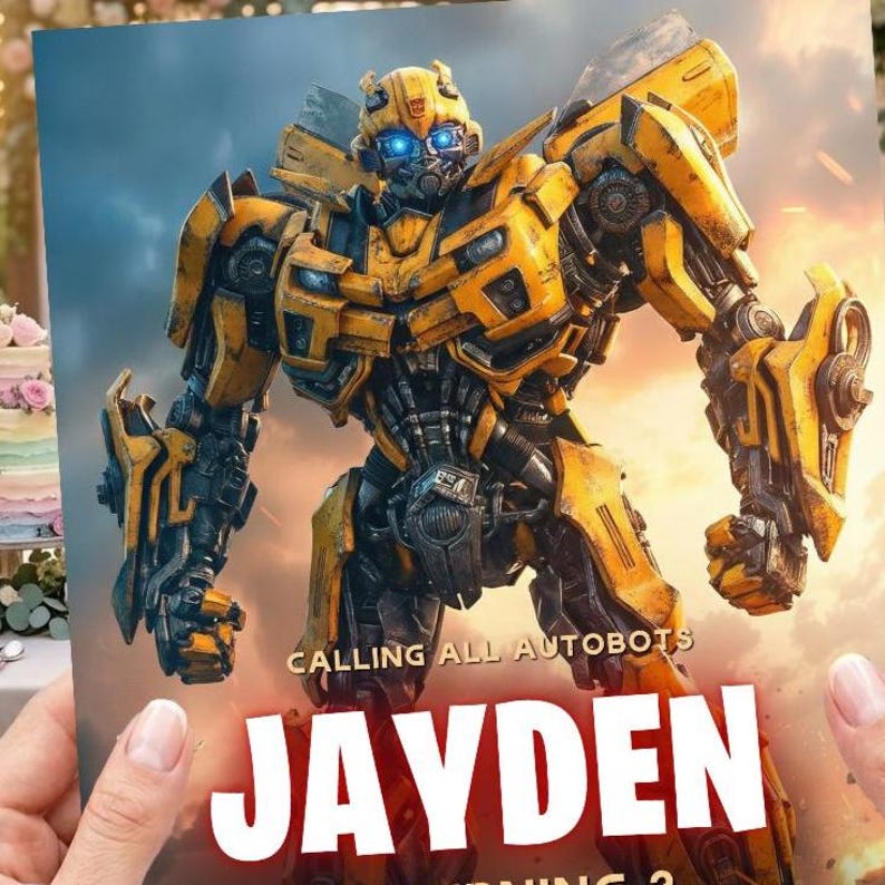 May include: A rectangular print featuring the yellow and black robot character Bumblebee with glowing blue eyes. The text CALLING ALL AUTOBOTS is printed above the large white name JAYDEN, set against a background of a cloudy, orange-toned sky.