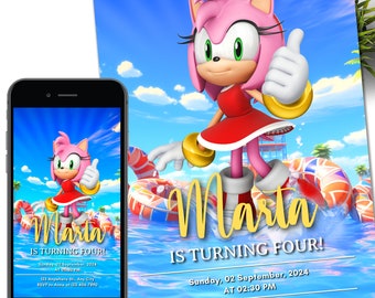Sonic Amy Rose Pool Party Birthday Digital Invitation, Kids Party E-invite, Thunder, Super Hedgehog Birthday Invites Cards for Girl