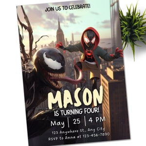 Convite de aniversário do Homem-Aranha Miles Morales e Venom Convite para festa de aniversário do Homem-Aranha Convite para aniversário do Homem-Aranha Modelo editável para download instantâneo Digital