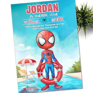プールパーティーのスパイダーマンの招待状、彼の素晴らしい友達の誕生日パーティーの招待状、スパイダーマンの誕生日の招待状、Web編集可能なテンプレート、即時ダウンロード