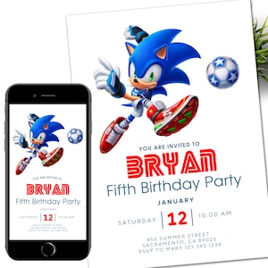 Faire-part Sonic Football, invitation électronique à une fête d'enfants Super hérisson, tonnerre de hérisson, invitation numérique d'anniversaire pour garçon