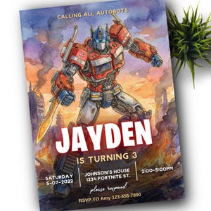 Könnte beinhalten: Geburtstagseinladung mit einer Aquarellillustration von Optimus Prime. Der Text "CALLING ALL AUTOBOTS" steht oben, mit dem Namen "JAYDEN" und dem Alter "3". Datum, Uhrzeit und RSVP-Informationen sind ebenfalls enthalten. Das Design hat einen feurigen Hintergrund.