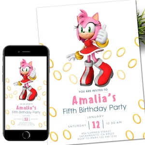 Invitation numérique d'anniversaire de Sonic Amy Rose, e-invitation de fête d'enfants, tonnerre, cartes d'invitation d'anniversaire de super hérisson pour fille