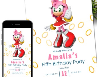 Sonic Amy Rose Birthday Digital Invitation, Kids Party E-invite, Thunder, Super Hedgehog Birthday Invites Cards for Girl