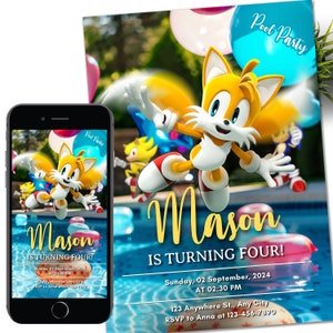 Tails Sonic uitnodiging, Super Hedgehog kinderfeestje e-invite, Hedgehog Thunder, digitale verjaardagsuitnodiging voor jongen