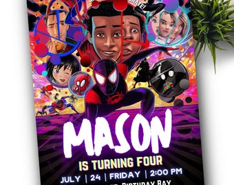 May include: A colorful birthday party invitation featuring various Spider-Man characters. The invitation includes the name "MASON" in large white letters, along with the text "IS TURNING FOUR" and event details. The design is vibrant with a comic book style.