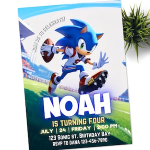 Faire-part Sonic Football, invitation électronique à une fête d'enfants Super hérisson, tonnerre de hérisson, invitation numérique d'anniversaire pour garçon