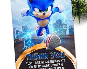 May include: A blue and red Sonic the Hedgehog character running with a golden ring around him. The text "THANK YOU" is written in a black box with a gold border. The text "I LOVED THE CAKE AND THE PRESENTS TOO, BUT MY FAVORITE PART WAS SEEING YOU! THANK YOU FOR MAKING MY BIRTHDAY EXTRA SPECIAL!" is written below the "THANK YOU" text.