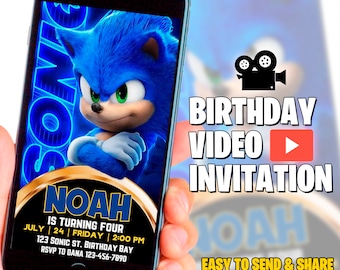 Invitation vidéo Sonic, E-invitation Super Hedgehog Kids Party, Hedgehog Thunder, Invitation numérique d’anniversaire pour garçon