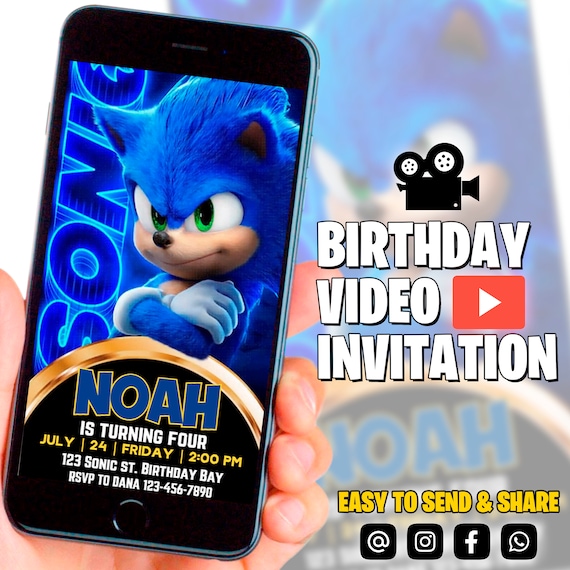 Video Sonic Invitation, Super Hedgehog Kids Party E-invite, Hedgehog Thunder, Birthday Digital Invitation for Boy sonic invite
