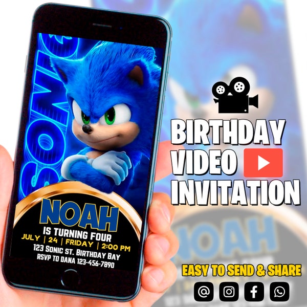 Sonic video-uitnodiging, Super Hedgehog Kids Party E-uitnodiging, Hedgehog Thunder, digitale verjaardagsuitnodiging voor jongen