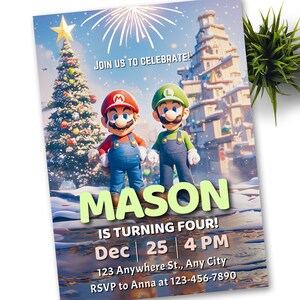 Mario Bros Luigi Weihnachten Einladung, Super Mario Geburtstagseinladung, Super Brothers Junge einladen, Videospiel, Kind einladen, Vorlage, Weihnachten