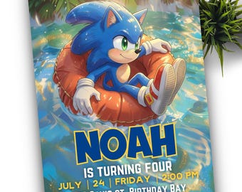 May include: A birthday party invitation featuring the character Sonic the Hedgehog in a pool float. The invitation reads "NOAH IS TURNING FOUR" with date, time, and location details. The text "JOIN US TO CELEBRATE!" is at the top.