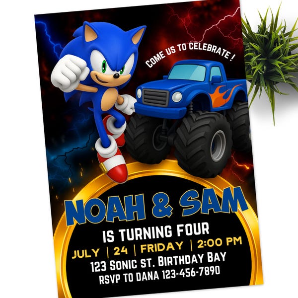 Invitación de Sonic Monster Truck, invitación electrónica para fiesta infantil de Super Hedgehog, Hedgehog Thunder, invitación digital de cumpleaños para niño
