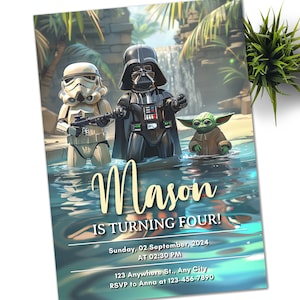 Plantilla editable de invitación de cumpleaños de fiesta en la piscina de Darth Vader Yoda, invitación de fiesta de cumpleaños imprimible, invitación digital para niños, Storm Trooper