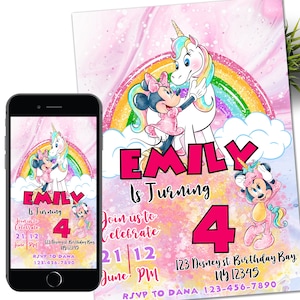 Invito modificabile Minny Mouse, Minnie arcobaleno, unicorno, simpatico invito, invito digitale Oh-Toodles