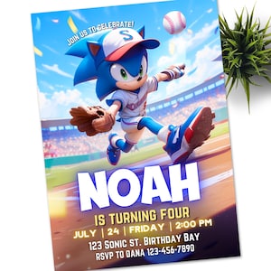Convite Sonic Baseball, convite eletrônico para festa infantil Super Hedgehog, Hedgehog Thunder, convite digital de aniversário para menino