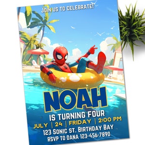 Convite para festa na piscina do Spidey Convite para festa de aniversário de seus amigos incríveis Convite para festa de aniversário do Spidey Modelo editável para web Download instantâneo Digital