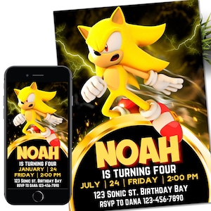 Faire-part Sonic Gold, invitation électronique à une fête d'enfants Super hérisson, tonnerre de hérisson, invitation numérique d'anniversaire pour garçon