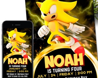 May include: A birthday invitation featuring a yellow cartoon character with red and white shoes, and the name "NOAH" in large letters. The invitation includes the date, time, and location of the party. The character is set against a background of yellow lightning.