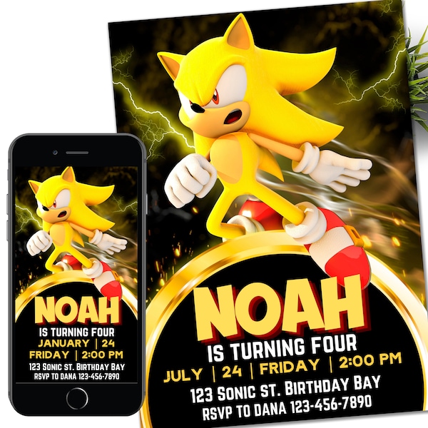 Sonic Gold Invitation, Super Hedgehog Kids Party E-invite, Hedgehog Thunder, Birthday Digital Invitation for Boy
