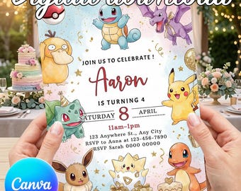 May include: A birthday invitation card featuring watercolor illustrations of various Pokemon characters including Pikachu, Squirtle, and Charmander. The text reads: Join us to celebrate! Aaron is turning 4, Saturday 8 April, 11am-1pm, 123 Anywhere St., Any City.