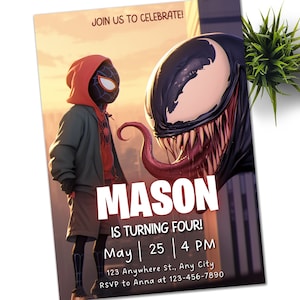スパイダーマンマイルズモラレスとヴェノムの招待状誕生日パーティーの招待状スパイダーマンの誕生日の招待状ウェブ編集可能なテンプレートインスタントダウンロードデジタル