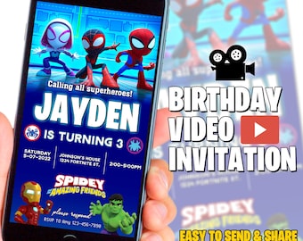 May include: A blue and red birthday video invitation for a boy turning 3. The invitation features a cartoon image of Spiderman and his friends. The text on the invitation reads "Calling all superheroes! Jayden is turning 3. Saturday 5-07-2022. Johnson's House 1234 Fortnite St. 2:00-5:00PM. Spidey Amazing Friends. Please respond RSUP to Amy 123-456-7898."