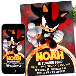 Sonic Shadow uitnodiging, Super Hedgehog Kids Party E-uitnodiging, Hedgehog Thunder, digitale verjaardagsuitnodiging voor jongen