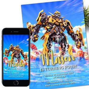 Modelo de convite de aniversário para festa na piscina Rescue Bots Transformers, convite para impressão Rescue Bots, convite digital de aniversário Autobots
