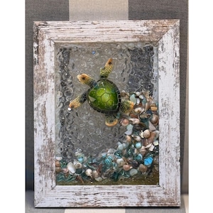 Green Sea Turtle Resin Art | Coastal Ocean Shadow Box | Beach Decor with Shells and Glass