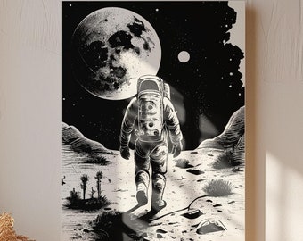 Astronaut Walking in the Moon Vintage Illustration / Vintage Printable Art/ Black and White Design / Astronaut in the Moon Clipart