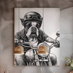 Dog Riding a Harley Davidson Vintage Illustration / Vintage Printable Art/ Black and White Design / Dog Clipart / Dog Portrait / Motorcycle image 1