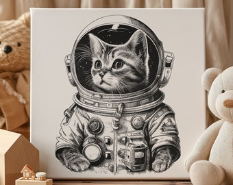 Cat Wearing a Astronaut Suit Vintage Illustration Vector / Vintage Printable Art/ Pet Black and White Design/ Cat Clipart / Cat Astronaut