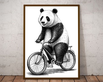 Panda Cycling Bicycle Vintage Illustration Vector / Vintage Printable Art/ Black and White Design / Panda Portrait / Panda Cycling Clipart