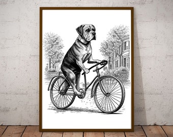 Dog Cycling Bicycle Vintage Illustration Vector / Vintage Printable Art/ Black and White Design / Dog Portrait / Dog Cycling Clipart
