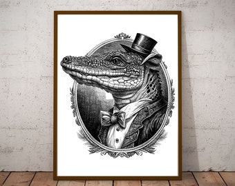 Crocodile Portrait Dressed in Victorian Era Vintage Illustration/  Vintage Printable Art/ Pet in Suit Black and White Design/ Crocodile art