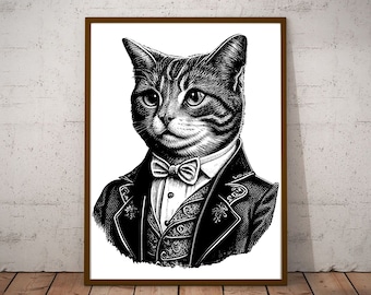 Cat Wearing a Suit Vintage Illustration Vector/ Vintage Printable Art/ Cat in Suit Black and White Design / Cat Portrait / Cat Clipart