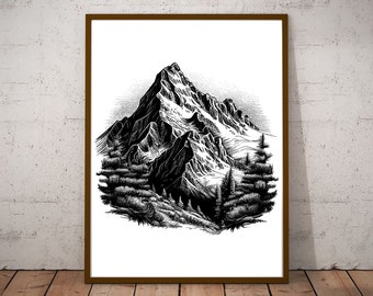 Mountains Vintage Illustrations Vector / Black and White Mountains Clip Art / Vintage Printable Art / Wall Decor / Print / Antique Mountains