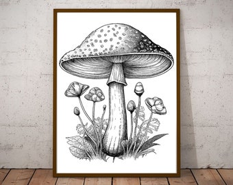 Vintage Mushroom Vector Illustration- Clipart, Realistic, Black and White, PNG Botanical Vector, Fungi, Shitake, For Crafts, Journals