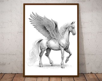 Horse With Wings Vintage Illustrations Vector / Black and White Horse with Wings Clip Art / Vintage Printable Art / Wall Decor / Print