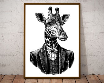 Giraffe Wearing a Suit in Victorian Era Vintage Illustration / Printable Art/ Black and White Design / Business Giraffe Portrait / Clipart