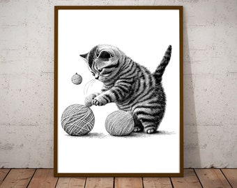 Cute Cat Playing with Balls of Woll Vintage Illustration / Vintage Printable Art/ Black and White Design / Cat Clipart