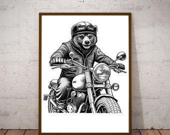 Bear Riding a Harley Davidson Vector Vintage Illustration/ Vintage Printable Art/ Black and White Design/ Bear Clipart / Bear Portrait