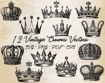 Crowns Vintage Vector Illustrations / Black and White Crowns Clip Art / Vintage Printable Art / Wall Decor / Print / Antique Crowns