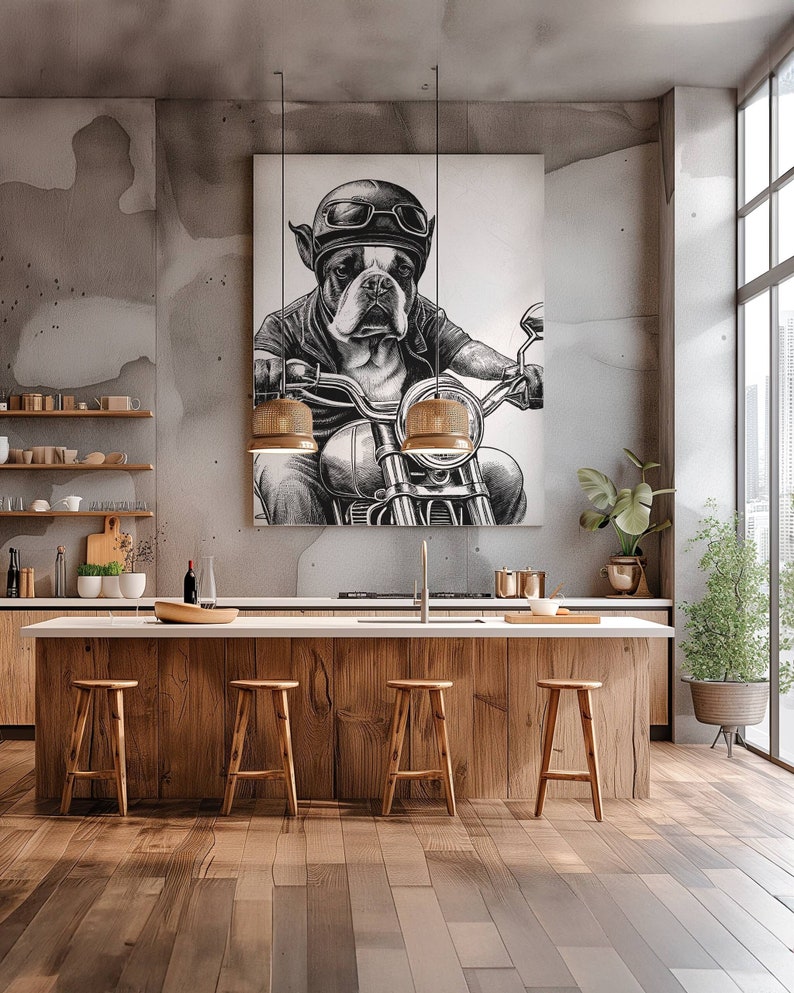 Dog Riding a Harley Davidson Vintage Illustration / Vintage Printable Art/ Black and White Design / Dog Clipart / Dog Portrait / Motorcycle image 1