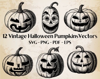 12 Halloween Pumpkins Collection Vintage Illustration Vector / Pumpkins Design / Clip Art / Vintage Printable Art / Black and White Set