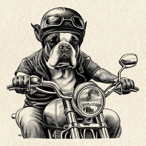 Dog Riding a Harley Davidson Vintage Illustration / Vintage Printable Art/ Black and White Design / Dog Clipart / Dog Portrait / Motorcycle image 8